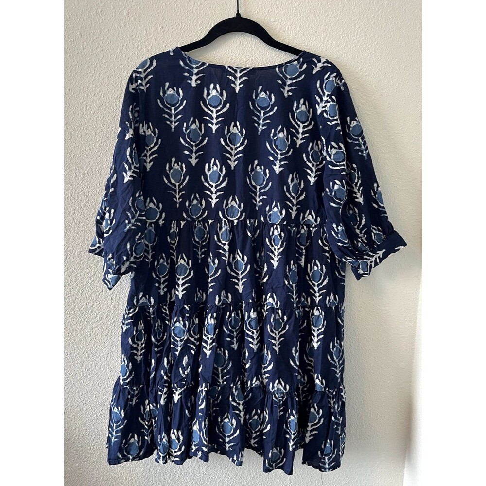 Dress Addict Women's Mini Dress Size Med Blue Batik Tiered Boho Puff Sleeve Chic - Picture 11 of 16